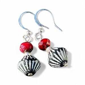 Handcrafted Black & Red Czech Glass Dangle Earrings